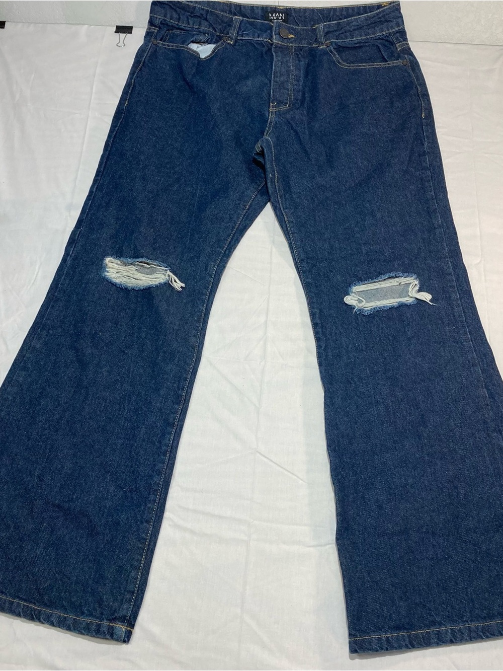 Boohoo Dark Blue Bootcut Distressed Jeans